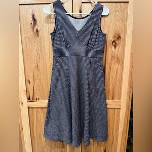 Lands End Womens XS Cotton Sleeveless Dress Black Striped Pockets V-neck